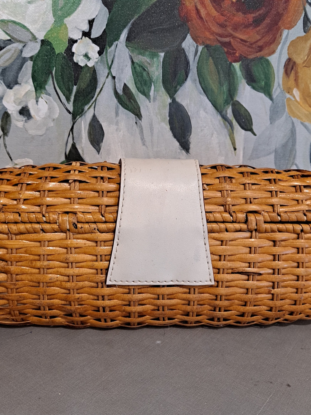 The Limited Woven Barrel Wicker Rattan Clutch White Trim and Silver Hardware - Picture 6 of 11